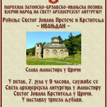 Најава: Архијерејска Литургија у манастиру Црнча